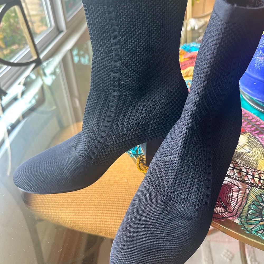 Eileen Fisher stretch knit booties black 2” heel.
